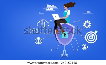 Consults computer security engineer. woman consults with a computer. IT technology, safe network connection control. Firewall software, password identification and privacy web template. vector