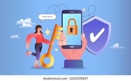 Consults computer security mobile. woman consults with system online. IT technology, keys safe network connection control. Firewall software, password identification and privacy web template. vector