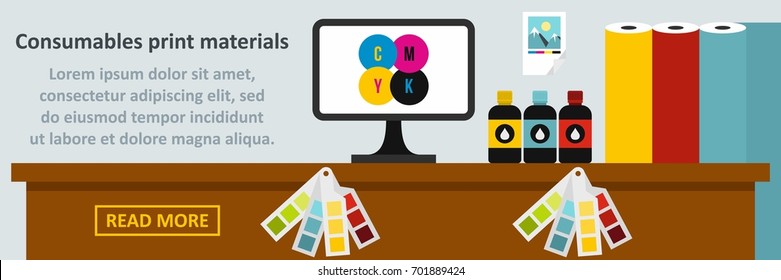 Consumables print materials banner horizontal concept. Flat illustration of consumables print materials banner horizontal vector concept for web