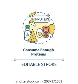 Consume Enough Proteins Concept Icon. Pregnancy Diet Abstract Idea Thin Line Illustration. Food With Essential Nutrients. Meat, Dairy Products. Vector Isolated Outline Color Drawing. Editable Stroke