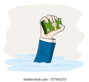 Consumed By Greed, a hand drawn vector illustration of someone drowned on his own greed, isolated on a simple background (editable).