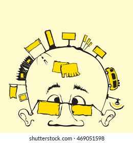 consumer advertising. On the human head posters, posters, Vector illustration in flat, cartoon style isolated from the background, EPS 10