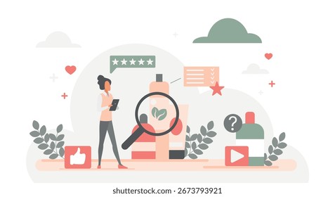 Consumer analyzing product quality with magnifying glass, rating stars, feedback icons, and natural ingredients for online shopping and review research isolated on white background vector illustration