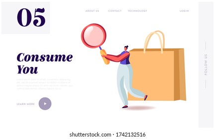 Consumer Basket, Consumption Reducing Landing Page Template. Tiny Female Character Holding Magnifying Glass at Huge Paper Bag. Shopping in Supermarket. Woman Searching. Cartoon Vector Illustration