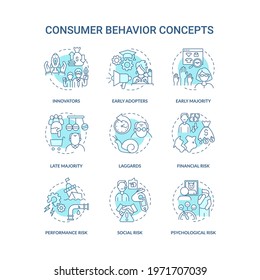 Consumer behavior concept icons set. Product adoption idea thin line RGB color illustrations. Early adopters. Financial, performance risk. Vector isolated outline drawings. Editable stroke