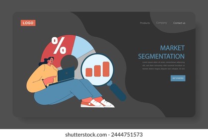 Consumer behavior dark or night mode web, landing. Purchase journey. Insightful analysis of market segmentation through data and trends, guiding targeted business strategies. Flat vector illustration