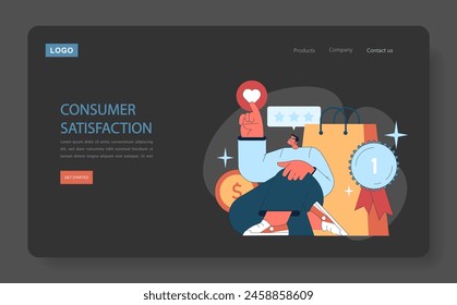 Consumer behavior dark or night mode web, landing. Purchase journey. Joyful man celebrating top-tier customer satisfaction with a positive review and a number one badge. Flat vector illustration