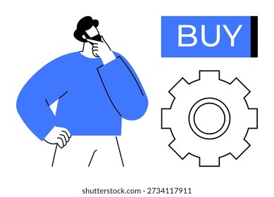 Consumer behavior, e-commerce, marketing strategy, purchasing decisions, online shopping, innovation. A thoughtful man, gear icon and buy button. Consumer behavior and e-commerce concept