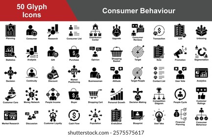 Consumer Behavior Icon Set Collection. Containing Planning, Consumer, Research, Upgrade, Consumer Reviews, Transaction, List, Attitude, Statistics, Analysis, Gift. Simple Glyph Vector Illustration.