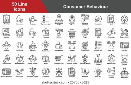 Consumer Behavior Icon Set Collection. Containing Planning, Consumer, Research, Upgrade, Consumer Reviews, Transaction, List, Attitude, Statistics, Analysis, Gift. Simple Line Vector Illustration.