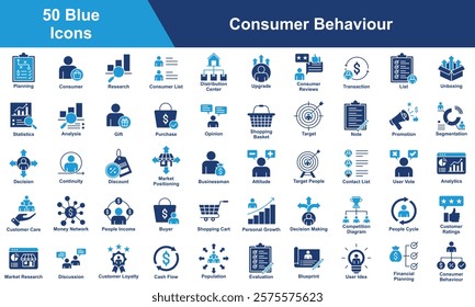 Consumer Behavior Icon Set Collection. Containing Planning, Consumer, Research, Upgrade, Consumer Reviews, Transaction, List, Attitude, Statistics, Analysis, Gift. Simple Blue Vector Illustration.