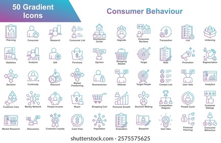 Consumer Behavior Icon Set Collection. Containing Planning, Consumer, Research, Upgrade, Consumer Reviews, Transaction, List, Attitude, Statistics, Analysis, Gift. Simple Gradient Vector Illustration.