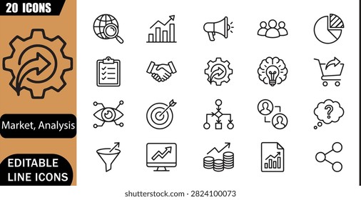 Consumer behavior icons set, 20 editable line art icons set, marketing, audience segmentation, survey, business analytics, research, customer insights, market trends theme style, clean outline vector