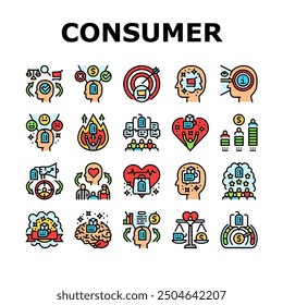 consumer behavior icons set vector. customer social, digital analysis research, buyer marketing, decision media analytic consumer behavior color line illustrations