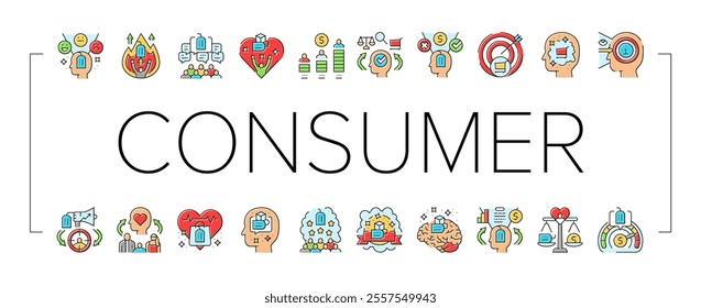 consumer behavior icons set vector. customer social, digital analysis research, buyer marketing, decision media analytic consumer behavior color line illustrations