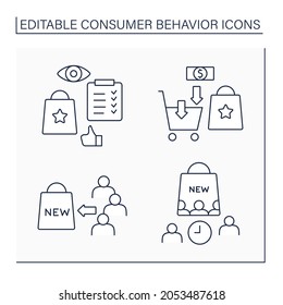 Consumer behavior line icons set. Laggards, late and early majority, early adopters, purchases.Marketing concept. Isolated vector illustrations. Editable stroke