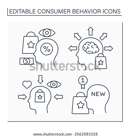Consumer behavior line icons set. Behavioral segmentation, social influence, innovators. Marketing concept. Isolated vector illustrations. Editable stroke