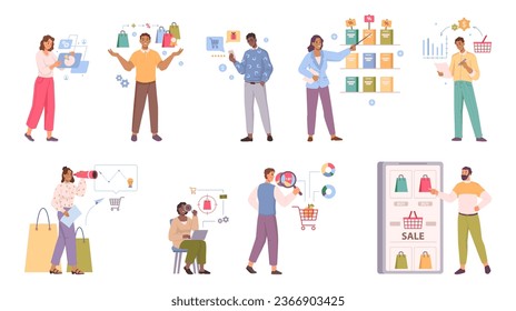 Consumer behavior, consumer motivation, purchasing habit, flat cartoon people. Buyer person and purchase decision process, marketing and competitor research, shopper habits, targeting strategy vector