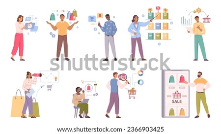 Consumer behavior, consumer motivation, purchasing habit, flat cartoon people. Buyer person and purchase decision process, marketing and competitor research, shopper habits, targeting strategy vector