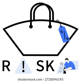 Comportamiento del consumidor, compras en línea, toma de decisiones, riesgo financiero, descuentos, comercio electrónico. Advertencia de riesgo con una bolsa de la compra y etiqueta de descuento. Comportamiento del consumidor y conceptos de compra en línea