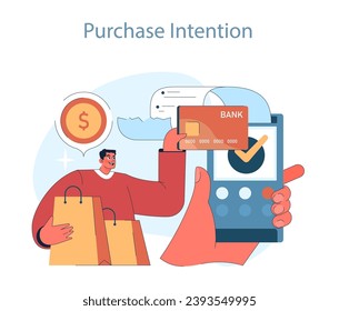 Consumer behavior. Purchase journey. Confident shopper securing a transaction, symbolizing the decisive moment of purchase intention. Flat vector illustration