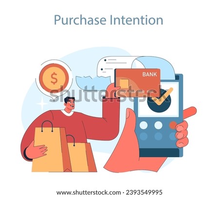 Consumer behavior. Purchase journey. Confident shopper securing a transaction, symbolizing the decisive moment of purchase intention. Flat vector illustration