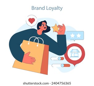 Consumer behavior. Purchase journey. Relationship between consumers and brands, with focus on customer satisfaction and brand loyalty. Flat vector illustration