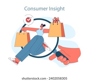 Consumer behavior. Purchase journey. Satisfied shopper with multiple purchases, highlighting the positive outcome of consumer insight-driven decisions. Flat vector illustration