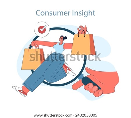 Consumer behavior. Purchase journey. Satisfied shopper with multiple purchases, highlighting the positive outcome of consumer insight-driven decisions. Flat vector illustration