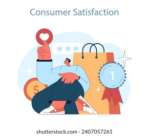 Consumer behavior. Purchase journey. A shopper expresses joy, celebrating top-tier customer satisfaction with a positive review and a number one badge. Flat vector illustration