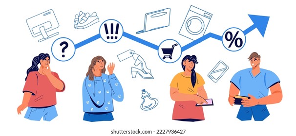 Consumer behavior research banner concept with buyers making purchase decision and having different purchasing preferences, flat vector illustration isolated on a white background.