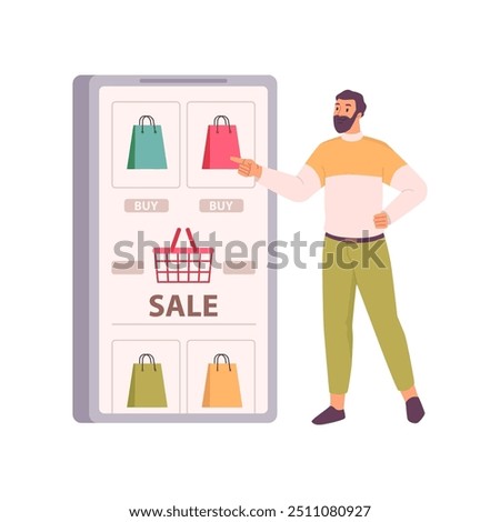Consumer behavior sale man choosing product to buy. Guy with beard and shopping banner, sales research habits. Vector investigating purchase decision process, marketing and competitor strategy