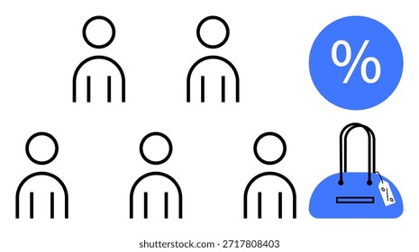 Consumer behavior, shopping trends, retail offers, online sales, group discounts, economic trends. Five user icons and a shopping bag with a discount symbol. Shopping trends and retail offers concept