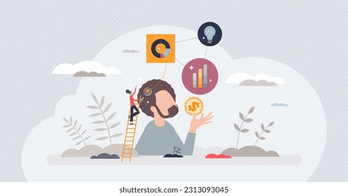 Consumer behavior understanding to make effective ads tiny person concept. Psychological principles apply to marketing campaigns to make buyer buy more and spend to purchases vector illustration.