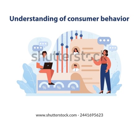 Consumer Behavior Understanding. A vibrant illustration capturing the essence of market research and consumer insights for strategic brand decisions. Flat vector illustration.