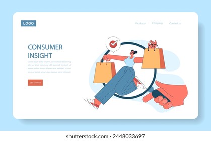 Web o aterrizaje de conducta del consumidor. Viaje de compra. Comprador satisfecho con múltiples compras, destacando el resultado positivo de las decisiones impulsadas por la visión del consumidor. Ilustración vectorial plana