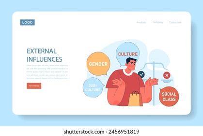 Consumer behavior web or landing. Purchase journey. Man evaluates societal factors like gender, culture, and social class that influence consumer choices and preferences. Flat vector illustration