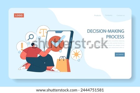 Consumer behavior web or landing. Purchase journey. Buyer's decision-making process, illustrated through evaluation and final choice confirmation. Flat vector illustration