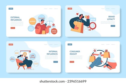 Consumer behavior web or landing set. Purchase journey. Mind psychology, decision process to buy and use a product or service. Marketing strategy building, commerce campaign. Flat vector Illustration