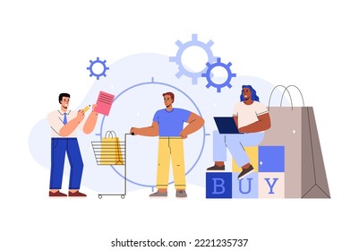 Consumer Behaviour Abstract Metaphor - Flat Vector Illustration Isolated On White Background. Purchase Decision Process And Shopping Habits Concepts. Marketing Analysis.