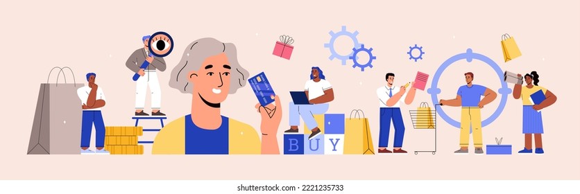 Consumer Behaviour And Customer Shopping Habits Research, Flat Vector Illustration Isolated. Abstract Banner Of People Buying Goods And Marketers Analyzing Consumer Motivations.