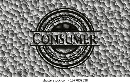 Emblema negro de consumo con fondo de burbujas grises. Vintage. Ilustración vectorial. Detallado.