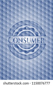 Consumer blue badge with geometric pattern background.
