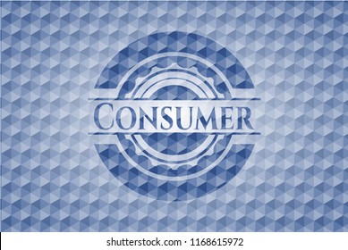 Consumer blue emblem or badge with abstract geometric polygonal pattern background.
