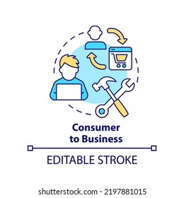 Das Konsument-Business-Konzept-Symbol Der Kunde bietet professionellen Service. C2B-Modell abstrakte Idee dünne Linie Illustration. Einzeln Umrisszeichnung. Bearbeitbarer Strich. Arial, Myriad Pro Fett Schriftarten verwendet