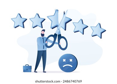 Consumidor o empresario usa tijeras y corta estrellas de rating. Mala revisión para el producto o servicio. El cliente masculino deja una opinión negativa o Comentarios. Caída de calificación. Ilustración vectorial plana