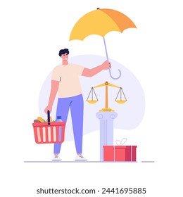 Consumer buying with legal protection. Consumer law protects customer with insurance. Concept of consumer protection, customer rights, scale of justice, legal safety. Vector flat cartoon illustration