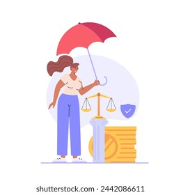 Consumer buying with legal protection. Consumer law protects customer with insurance. Concept of consumer protection, customer rights, scale of justice, legal safety. Vector flat cartoon illustration