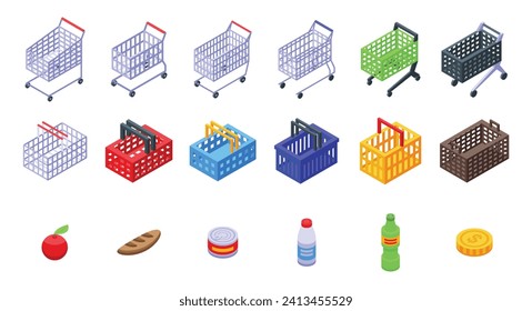 Consumer cart grocery icons set isometric vector. Shopping basket. Retail store