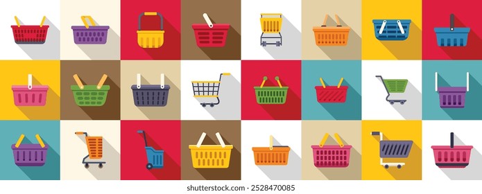 Consumer cart grocery icons set. This set of icons features various shopping baskets and carts, perfect for projects related to shopping, retail, and consumerism